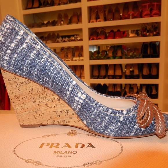 Prada Tweed Blue Wedges with Bows Size 39 - Picture 5 of 8